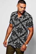 Boohoo Black Mandala Print Short Sleeve Revere Shirt