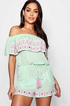 Boohoo Ibiza Mirrored Ruffle Bardot Playsuit