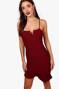 Boohoo Plunge Neck Asymmetric Bodycon Dress