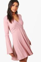Boohoo Natasha Flare Sleeve Wrap Skater Dress Rose