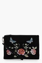Boohoo Saffy Floral Embroidered Velvet Clutch Bag