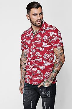 Boohoo Palm Tree Print Revere Short Sleeve Shirt