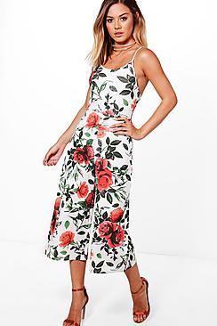 Boohoo Petite Ava Rose Print Wide Leg Strappy Jumpsuit