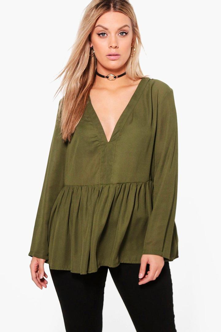 Boohoo Plus Alicia Smock Blouse Khaki