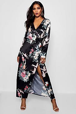 Boohoo Oriental Wrap Front Floral Maxi Dress