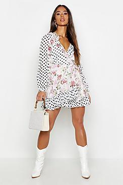 Boohoo Mix Print Floral Polka Dot Ruffle Wrap Playsuit