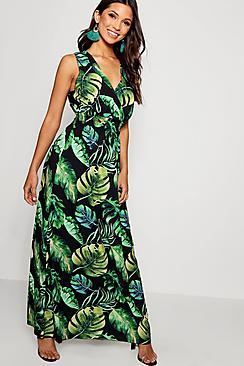 Boohoo Tropical Print Wrap Front Maxi Dress