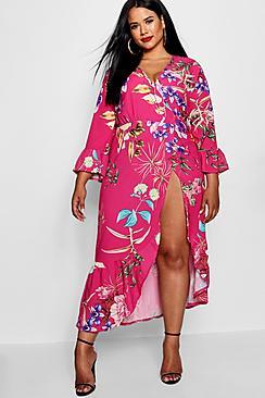Boohoo Plus Floral Wrap Woven Maxi Dress