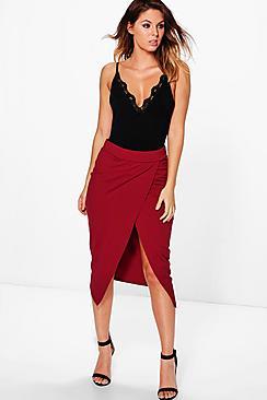 Boohoo Megzhan Wrap Over Bodycon Midi Skirt