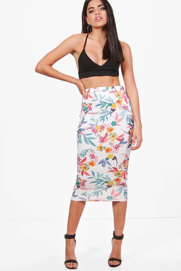 Boohoo Isla Summer Floral Midi Skirt Ivory