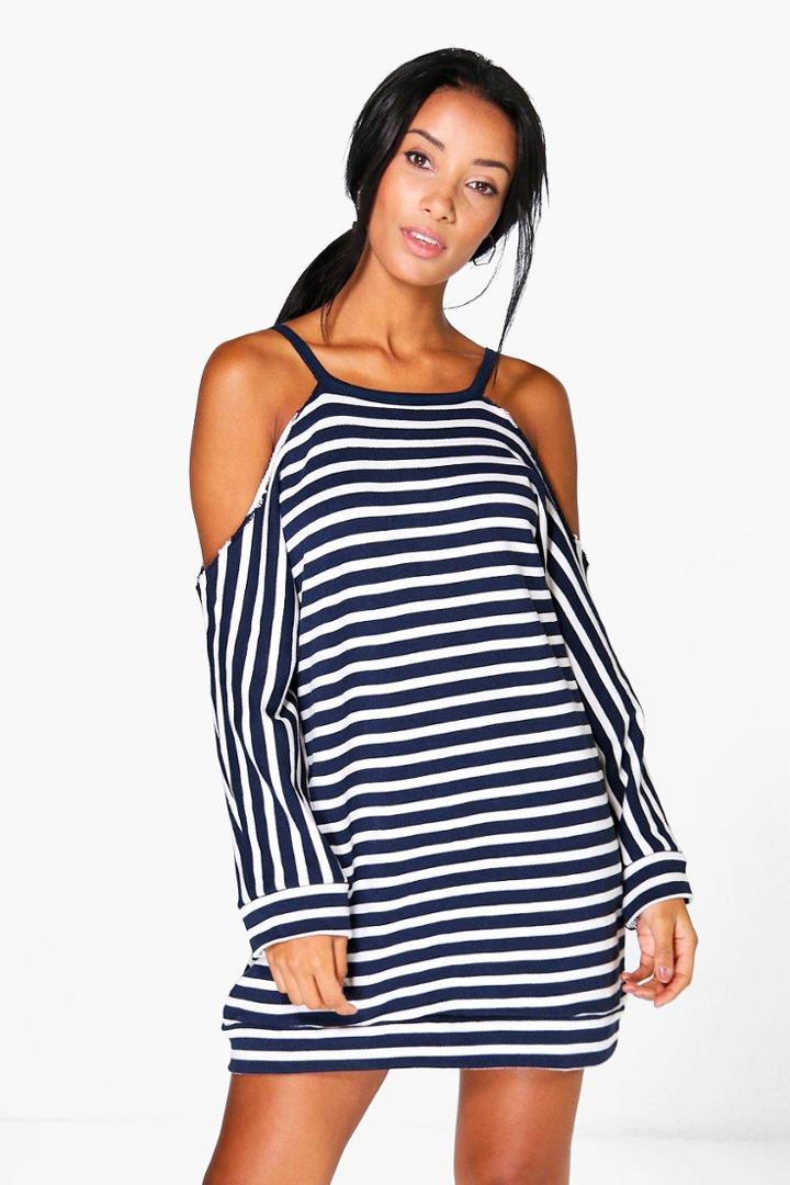 Boohoo Lily Stripe Cold Shoulder Sweat Dress Navy