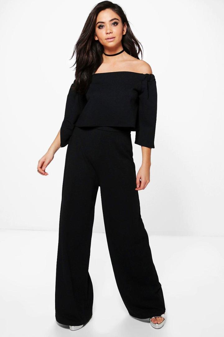 Boohoo Justine Off The Shoulder Crop Wide Leg Co-ord Black