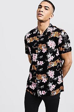 Boohoo Oriental Print Short Sleeve Revere Viscose Shirt