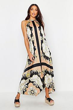 Boohoo Luxe Scarf Print Hanky Hem Maxi Dress
