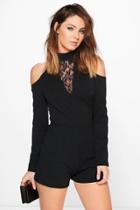 Boohoo Lucy Open Shoulder Lace Trim Playsuit Black