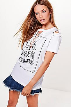 Boohoo Emily Printed Lace Up T-shirt