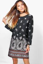 Boohoo Sahara Paisley Border Long Sleeve Shift Dress Black