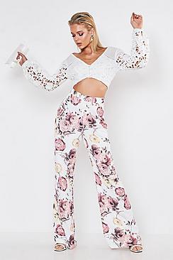 Boohoo Premium Floral Print Satin Wide Leg Trouser