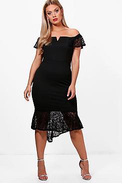 Boohoo Plus Tanya Lace Fishtail Bardot Midi Dress