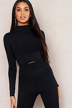 Boohoo Jumbo Rib High Neck Long Sleeve Crop Top