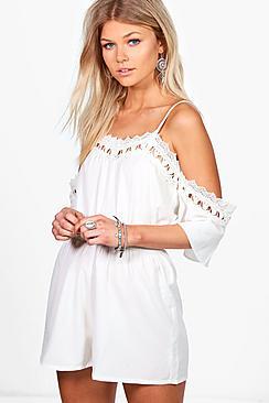 Boohoo Petite Averie Crochet Detail Open Shoulder Playsuit