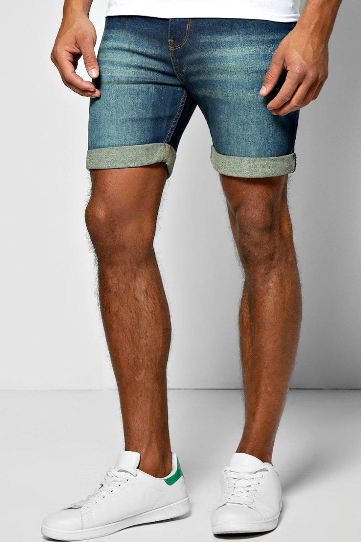 Boohoo Skinny Fit Denim Shorts With Green Wash In Mid Length Denim