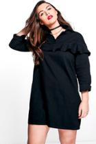 Boohoo Plus Hilary Ruffle Detail Denim Shirt Dress Black