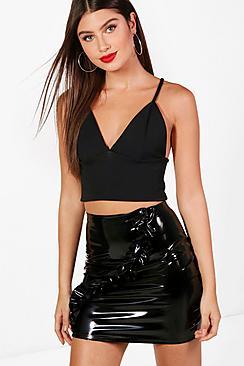 Boohoo Ruffle Front Vinyl Mini Skirt