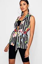 Boohoo Lucy Floral Stripe Mix Belted Sleeveless Blazer