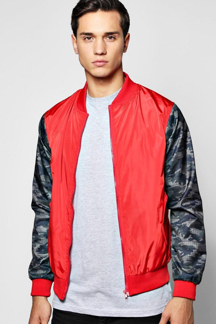 Boohoo Lined Nylon Ma1 Bomber Jacket With Camo Sleeves Red