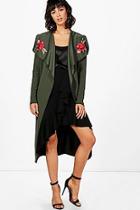 Boohoo Millie Shawl Collar Belted Embroidered Duster