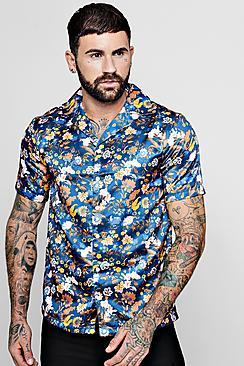 Boohoo Oriental Floral Short Sleeve Revere Shirt