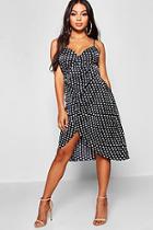 Boohoo Petite Satin Spot Print Wrap Midi Dress