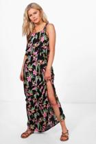 Boohoo Paige Tropical Double Layer Maxi Dress Black