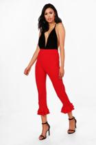Boohoo Aria Double Ruffle Crepe Cropped Trousers Red