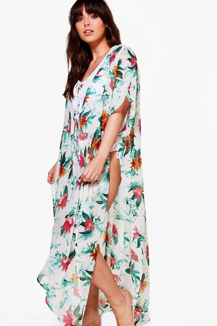 Boohoo Plus Fiona Tropical Printed Kimono Multi