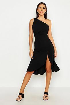 Boohoo One Shoulder Knot Front Frill Midi Dress