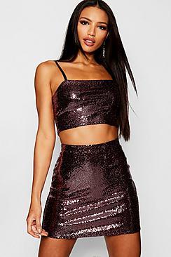 Boohoo Sequin Strappy Crop Top + Mini Skirt Co-ord