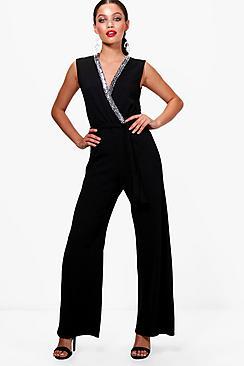 Boohoo Millie Chain Trim Wrap Front Jumpsuit