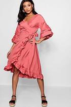 Boohoo Ruched Sleeve  Wrap Midi Dress