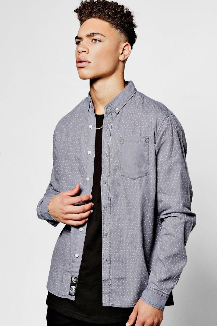Boohoo Long Sleeve Cotton Shirt With Repeat Print Grey