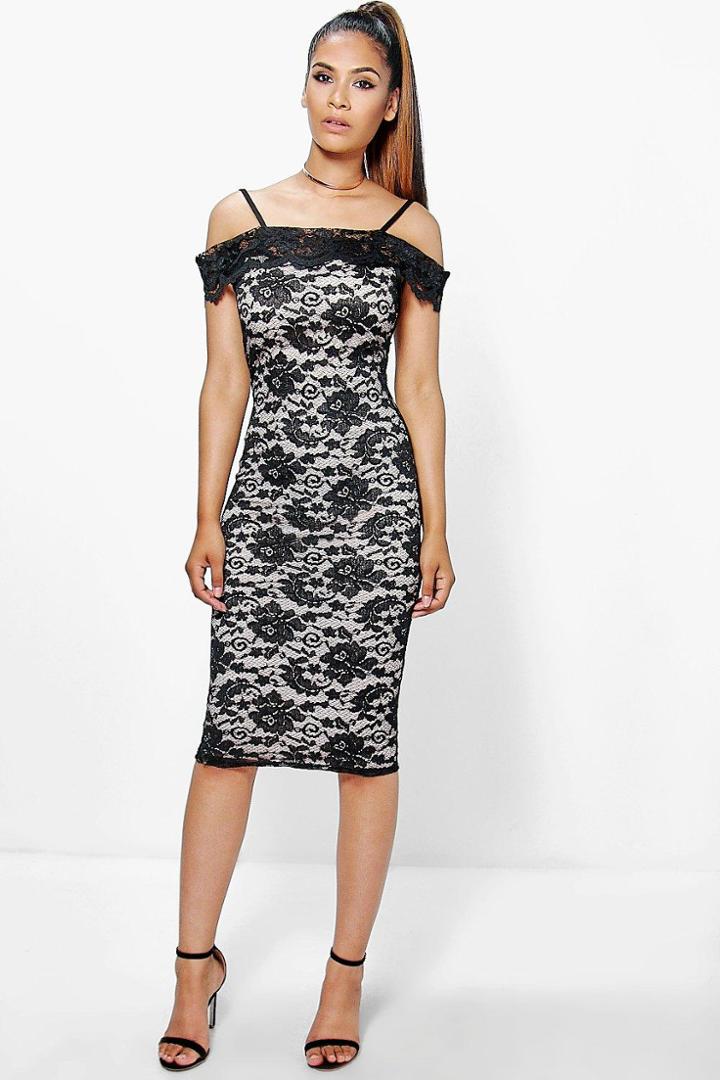 Boohoo Becky Cold Shoulder All Lace Midi Dress Black