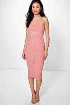 Boohoo Leonie Ribbed Neck Band Bandeau Midi Dress Salmon