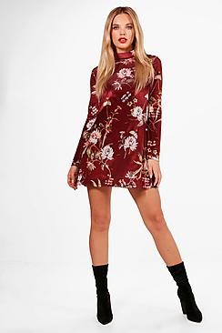 Boohoo Luna High Neck Velvet Floral Swing Dress