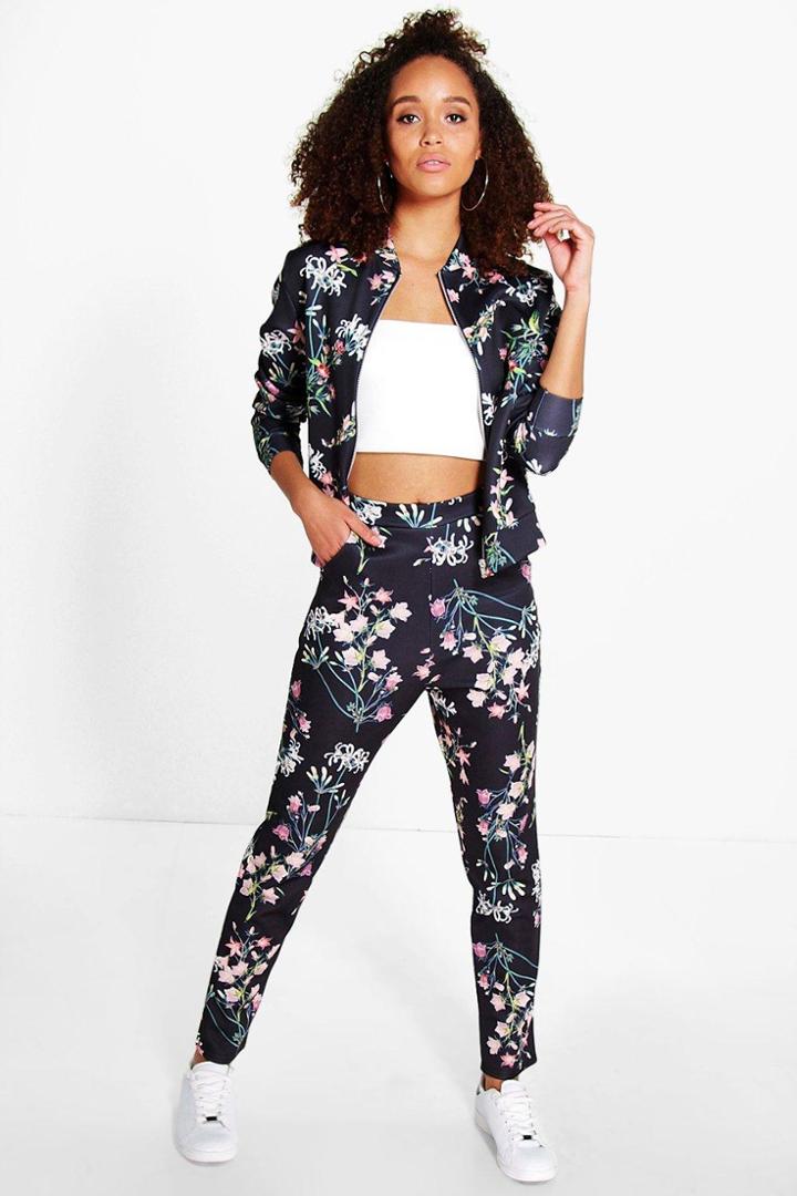 Boohoo Pia Floral Bomber & Tapered Trouser Co-ord Set Black