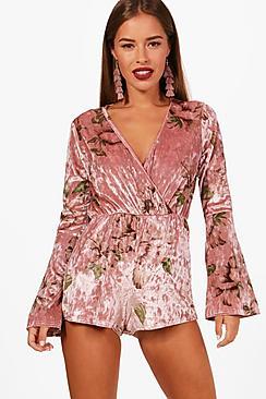 Boohoo Petite Charlotte Floral Velvet Wrap Playsuit