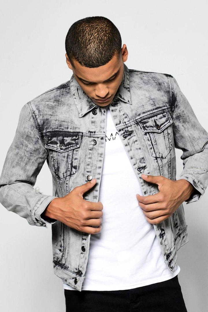 Boohoo Washed Grey Distressed Jean Jacket Grey