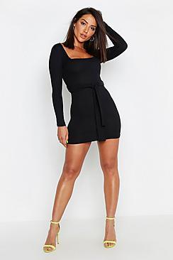 Boohoo Neon Rib Square Neck Belted Bodycon Dress
