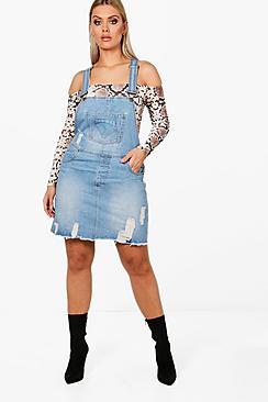 Boohoo Plus Harriet Fray Hem Denim Dungaree Dress