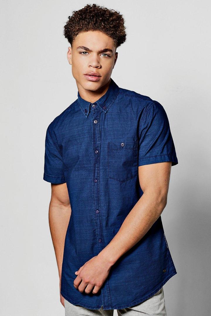 Boohoo Short Sleeve Indigo Dobby Shirt Navy